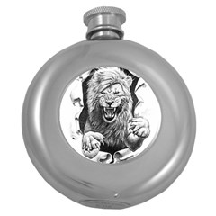 Drawing Angry Male Lion Roar Animal Round Hip Flask (5 Oz) by danenraven