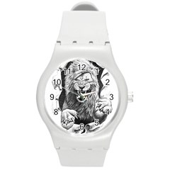 Drawing Angry Male Lion Roar Animal Round Plastic Sport Watch (m) by danenraven