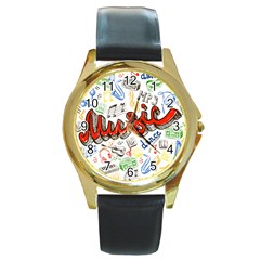 Music-color-elements Round Gold Metal Watch by Wegoenart