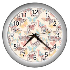 Pattern-with-hand-drawn-butterflies Wall Clock (silver) by Wegoenart