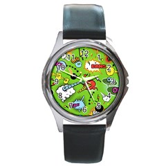 Modern-comics-background-pattern-with-bombs-lightening-jagged-clouds-speech-bubbles Round Metal Watch by Wegoenart