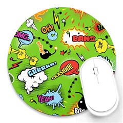 Modern-comics-background-pattern-with-bombs-lightening-jagged-clouds-speech-bubbles Round Mousepad by Wegoenart