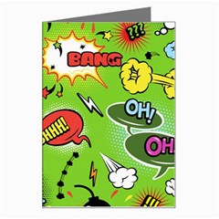 Modern-comics-background-pattern-with-bombs-lightening-jagged-clouds-speech-bubbles Greeting Card by Wegoenart