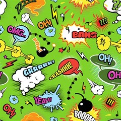 Modern-comics-background-pattern-with-bombs-lightening-jagged-clouds-speech-bubbles Play Mat (rectangle)