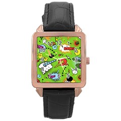 Modern-comics-background-pattern-with-bombs-lightening-jagged-clouds-speech-bubbles Rose Gold Leather Watch  by Wegoenart