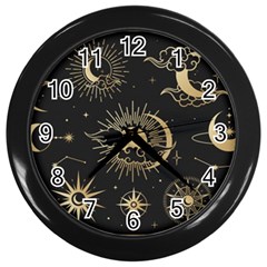 Asian-set-with-clouds-moon-sun-stars-vector-collection-oriental-chinese-japanese-korean-style Wall Clock (black) by Wegoenart