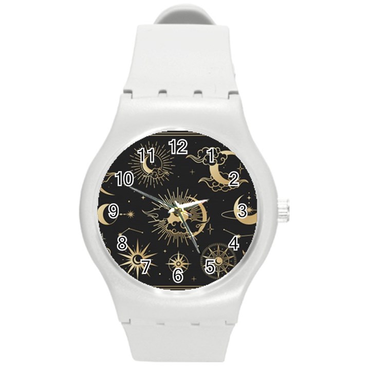 Asian-set-with-clouds-moon-sun-stars-vector-collection-oriental-chinese-japanese-korean-style Round Plastic Sport Watch (M)