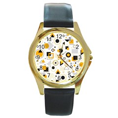 Flat-geometric-shapes-background Round Gold Metal Watch by Wegoenart