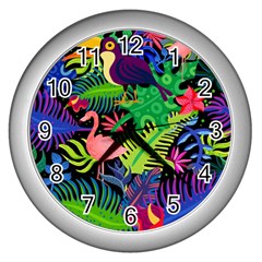 Tropical-exotic-colors-seamless-pattern Wall Clock (silver) by Wegoenart