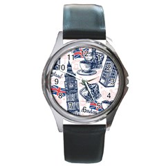 London Seamless Pattern Round Metal Watch by Wegoenart