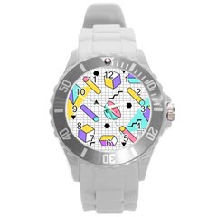 Tridimensional-pastel-shapes-background-memphis-style Round Plastic Sport Watch (l) by Wegoenart