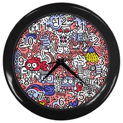 Hand-drawn-vector-illustration-doodle-funny-world-illustrator-line-tools-drawing-flat-design Wall Clock (black) by Wegoenart