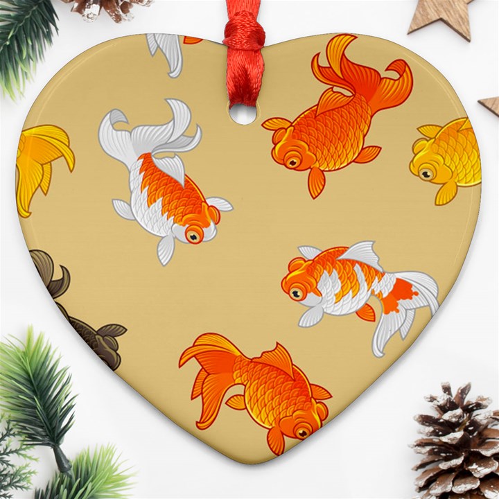 Gold Fish Seamless Pattern Background Heart Ornament (Two Sides)