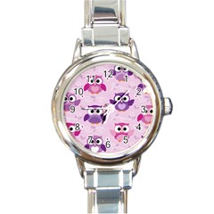 Seamless Cute Colourfull Owl Kids Pattern Round Italian Charm Watch by Wegoenart