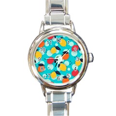 Pop Art Style Citrus Seamless Pattern Round Italian Charm Watch by Wegoenart