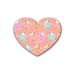 Cute Kawaii Kittens Seamless Pattern Rubber Heart Coaster (4 Pack) by Wegoenart