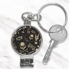 Grunge Seamless Pattern With Skulls Nail Clippers Key Chain by Wegoenart