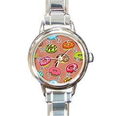 Doughnut Doodle Colorful Seamless Pattern Round Italian Charm Watch by Wegoenart