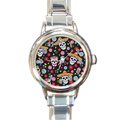 Day Dead Skull With Floral Ornament Flower Seamless Pattern Round Italian Charm Watch by Wegoenart