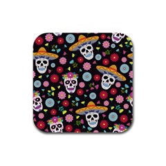 Day Dead Skull With Floral Ornament Flower Seamless Pattern Rubber Square Coaster (4 Pack) by Wegoenart