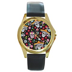 Day Dead Skull With Floral Ornament Flower Seamless Pattern Round Gold Metal Watch by Wegoenart