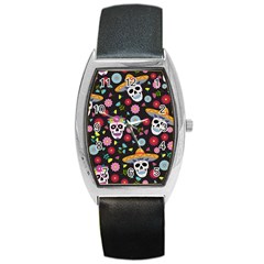 Day Dead Skull With Floral Ornament Flower Seamless Pattern Barrel Style Metal Watch by Wegoenart