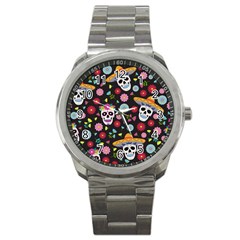 Day Dead Skull With Floral Ornament Flower Seamless Pattern Sport Metal Watch by Wegoenart