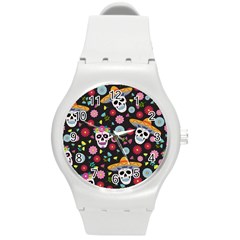 Day Dead Skull With Floral Ornament Flower Seamless Pattern Round Plastic Sport Watch (m) by Wegoenart