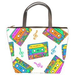 Seamless Pattern With Colorfu Cassettes Hippie Style Doodle Musical Texture Wrapping Fabric Vector Bucket Bag by Wegoenart