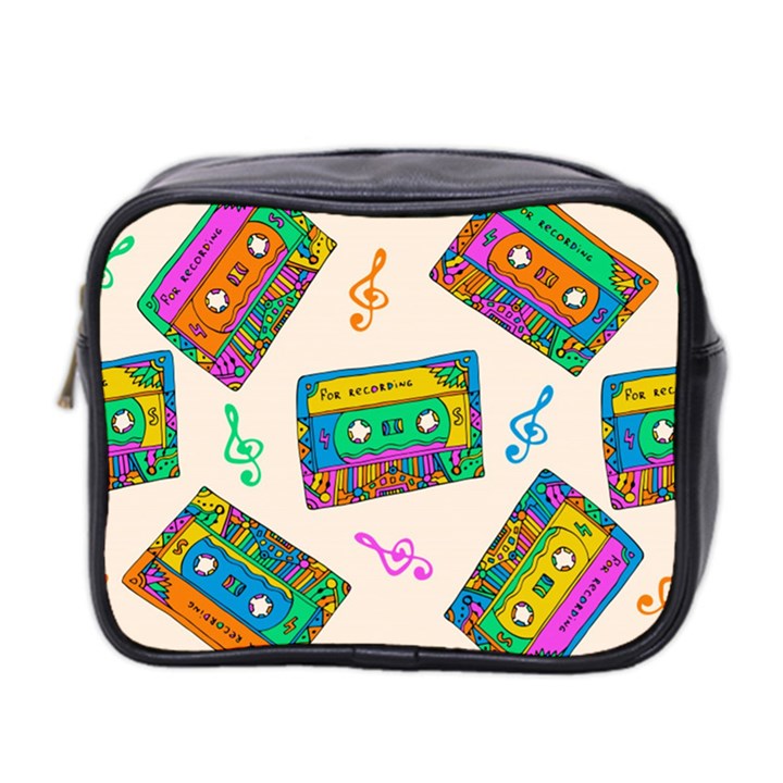 Seamless Pattern With Colorfu Cassettes Hippie Style Doodle Musical Texture Wrapping Fabric Vector Mini Toiletries Bag (Two Sides)