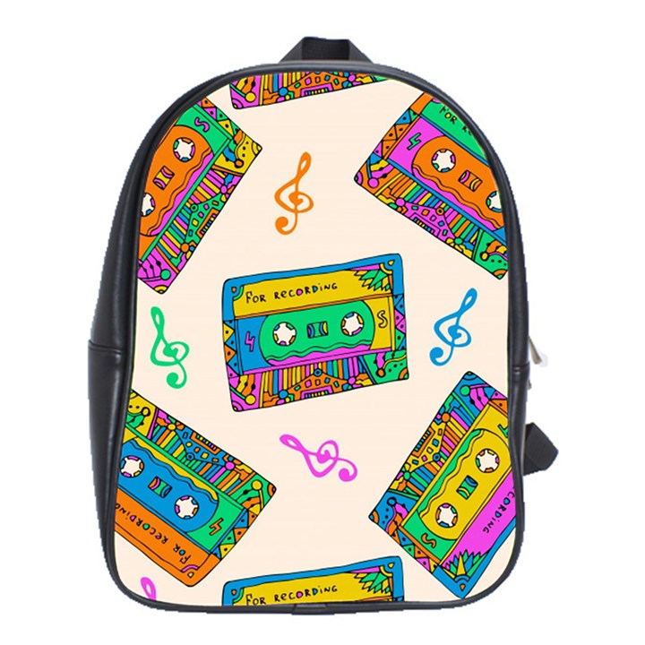 Seamless Pattern With Colorfu Cassettes Hippie Style Doodle Musical Texture Wrapping Fabric Vector School Bag (XL)