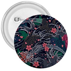 Japanese Wave Koi Illustration Seamless Pattern 3  Buttons by Wegoenart