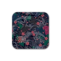 Japanese Wave Koi Illustration Seamless Pattern Rubber Coaster (square) by Wegoenart