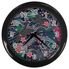 Japanese Wave Koi Illustration Seamless Pattern Wall Clock (black) by Wegoenart