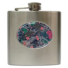 Japanese Wave Koi Illustration Seamless Pattern Hip Flask (6 Oz) by Wegoenart