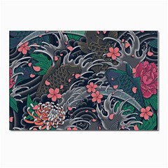 Japanese Wave Koi Illustration Seamless Pattern Postcards 5  X 7  (pkg Of 10)