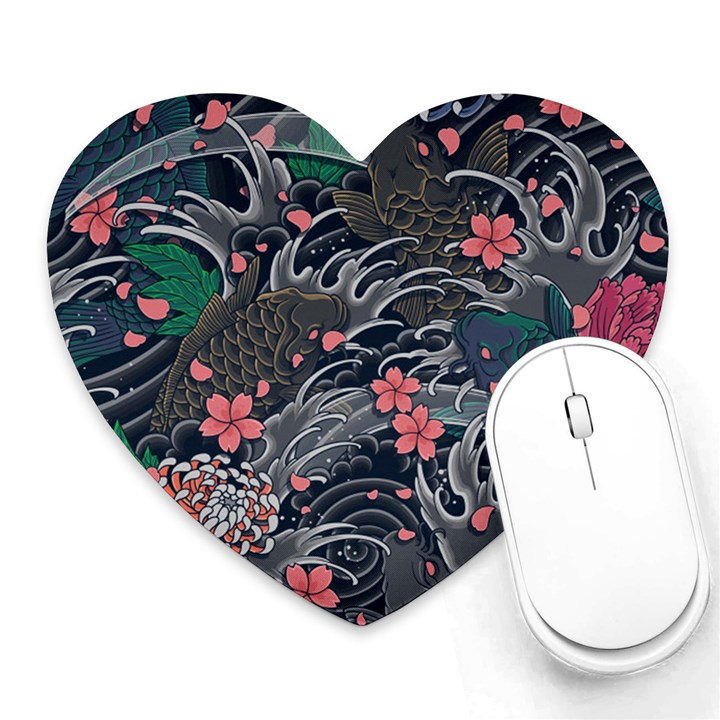 Japanese Wave Koi Illustration Seamless Pattern Heart Mousepad