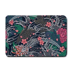 Japanese Wave Koi Illustration Seamless Pattern Small Doormat by Wegoenart