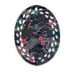 Japanese Wave Koi Illustration Seamless Pattern Ornament (oval Filigree) by Wegoenart