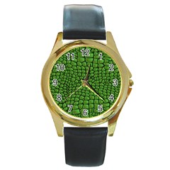 Seamless Pattern Crocodile Leather Round Gold Metal Watch by Wegoenart