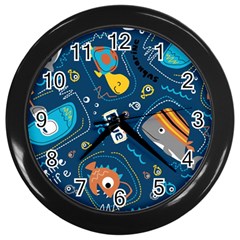 Seamless Pattern Vector Submarine With Sea Animals Cartoon Wall Clock (black) by Wegoenart