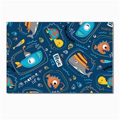 Seamless Pattern Vector Submarine With Sea Animals Cartoon Postcard 4 x 6  (pkg Of 10) by Wegoenart