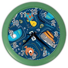 Seamless Pattern Vector Submarine With Sea Animals Cartoon Color Wall Clock by Wegoenart