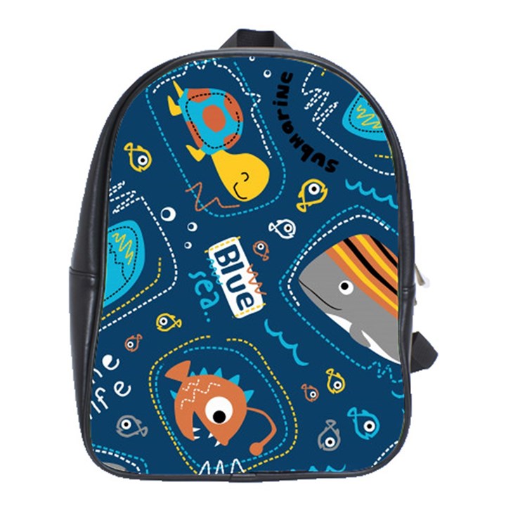 Seamless Pattern Vector Submarine With Sea Animals Cartoon School Bag (XL)