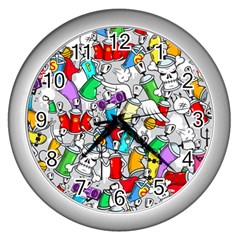 Graffit Characters Seamless Pattern Art Wall Clock (Silver)