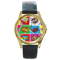 Pop Art Comic Vector Speech Cartoon Bubbles Popart Style With Humor Text Boom Bang Bubbling Expressi Round Gold Metal Watch by Wegoenart