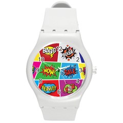 Pop Art Comic Vector Speech Cartoon Bubbles Popart Style With Humor Text Boom Bang Bubbling Expressi Round Plastic Sport Watch (m) by Wegoenart