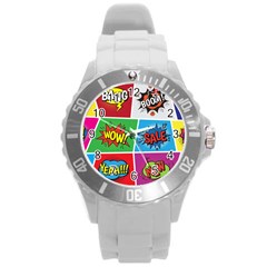 Pop Art Comic Vector Speech Cartoon Bubbles Popart Style With Humor Text Boom Bang Bubbling Expressi Round Plastic Sport Watch (l) by Wegoenart