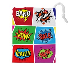 Pop Art Comic Vector Speech Cartoon Bubbles Popart Style With Humor Text Boom Bang Bubbling Expressi Drawstring Pouch (4xl) by Wegoenart