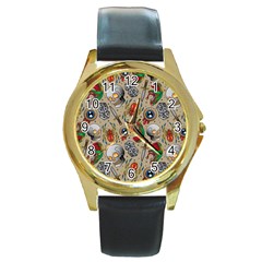 Tattoo Pattern Round Gold Metal Watch by Wegoenart